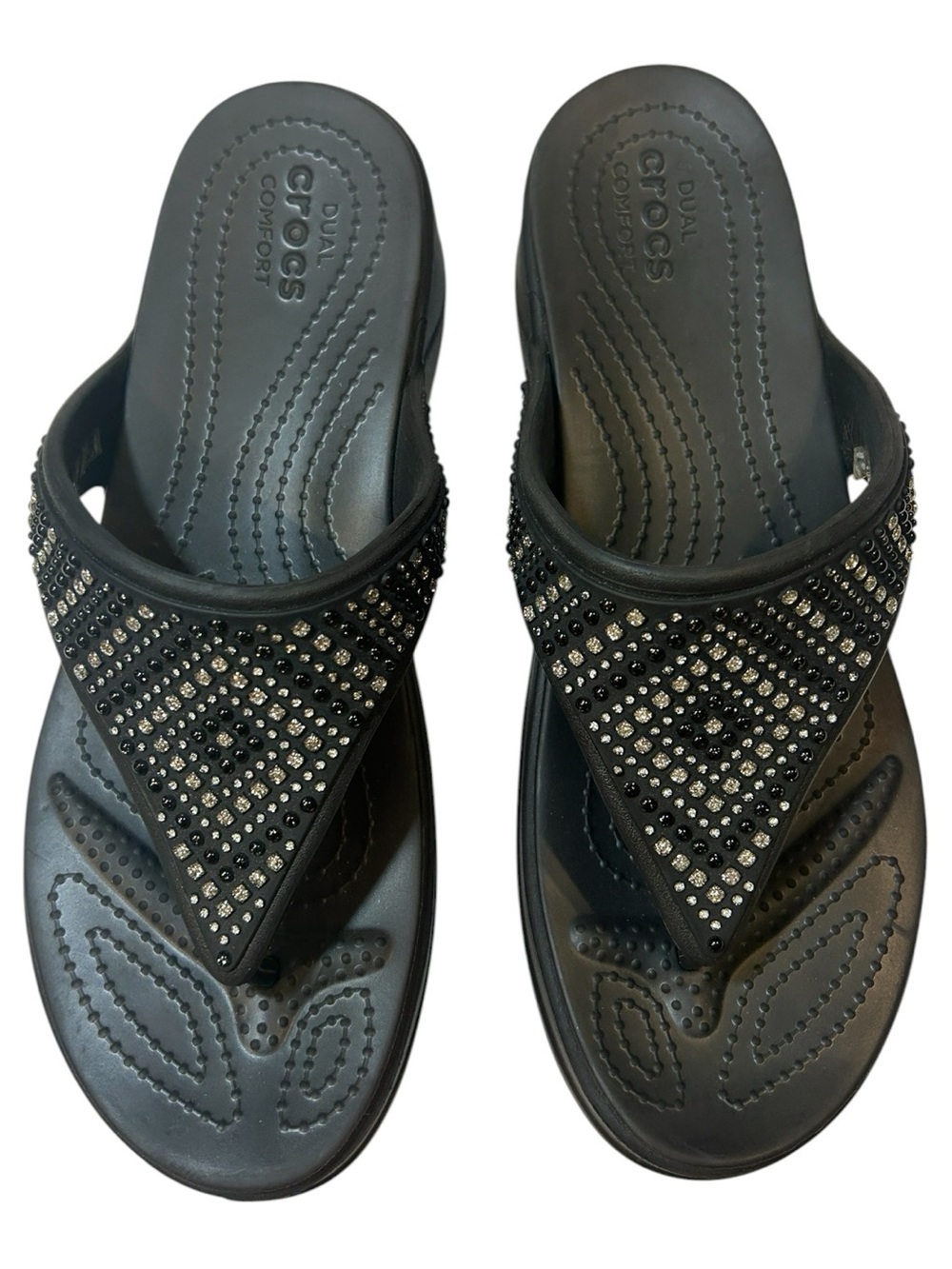 Crocs Dual Comfort Rhinestone Embellished Wedge Flip Flop Sandals Black Size 11